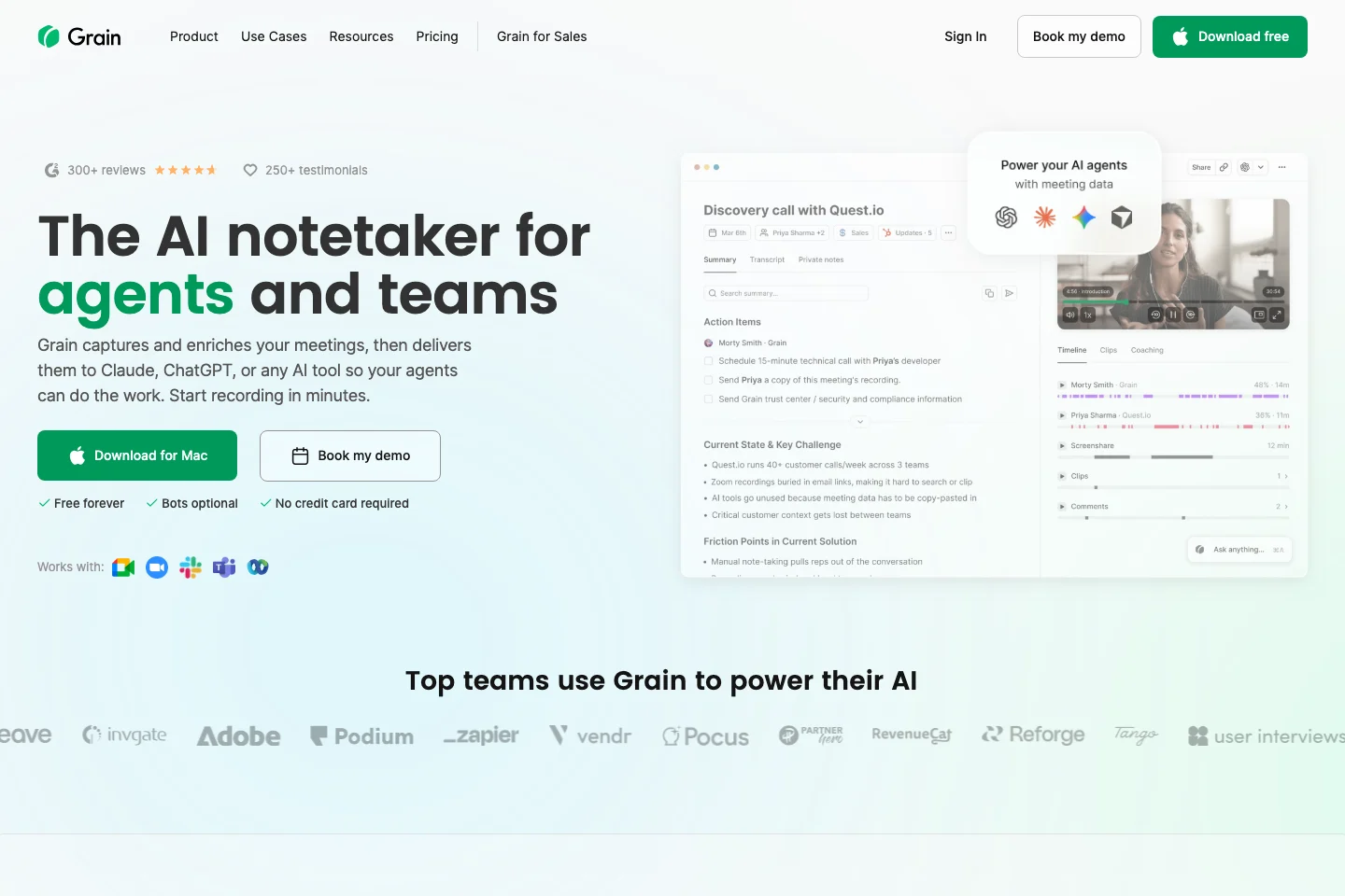 Grain landing page showing a discovery-call summary, action items, video timeline, clips, and connections to AI assistants.