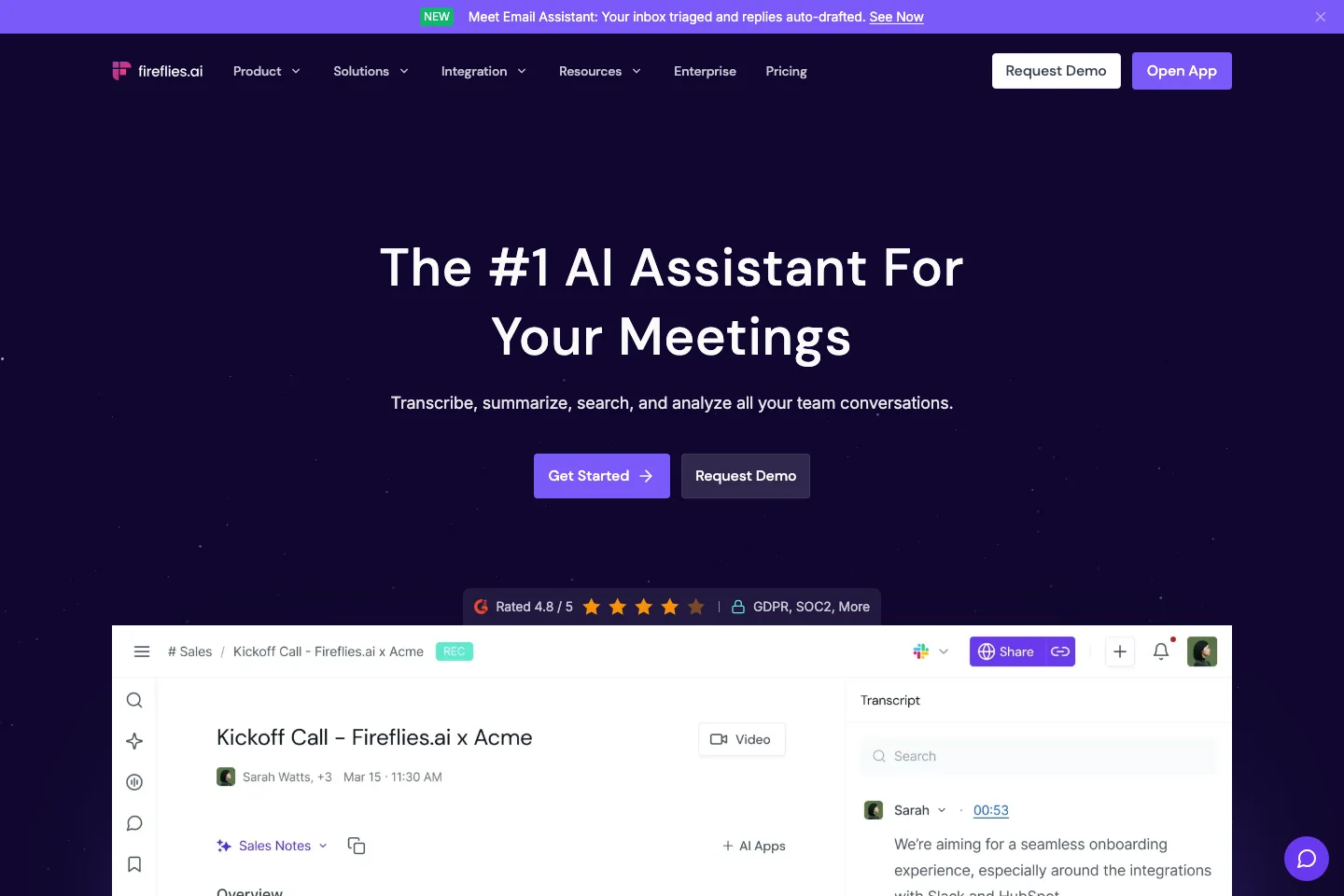 Fireflies.ai landing page showing an AI meeting assistant, searchable transcript, summary controls, and collaboration actions.