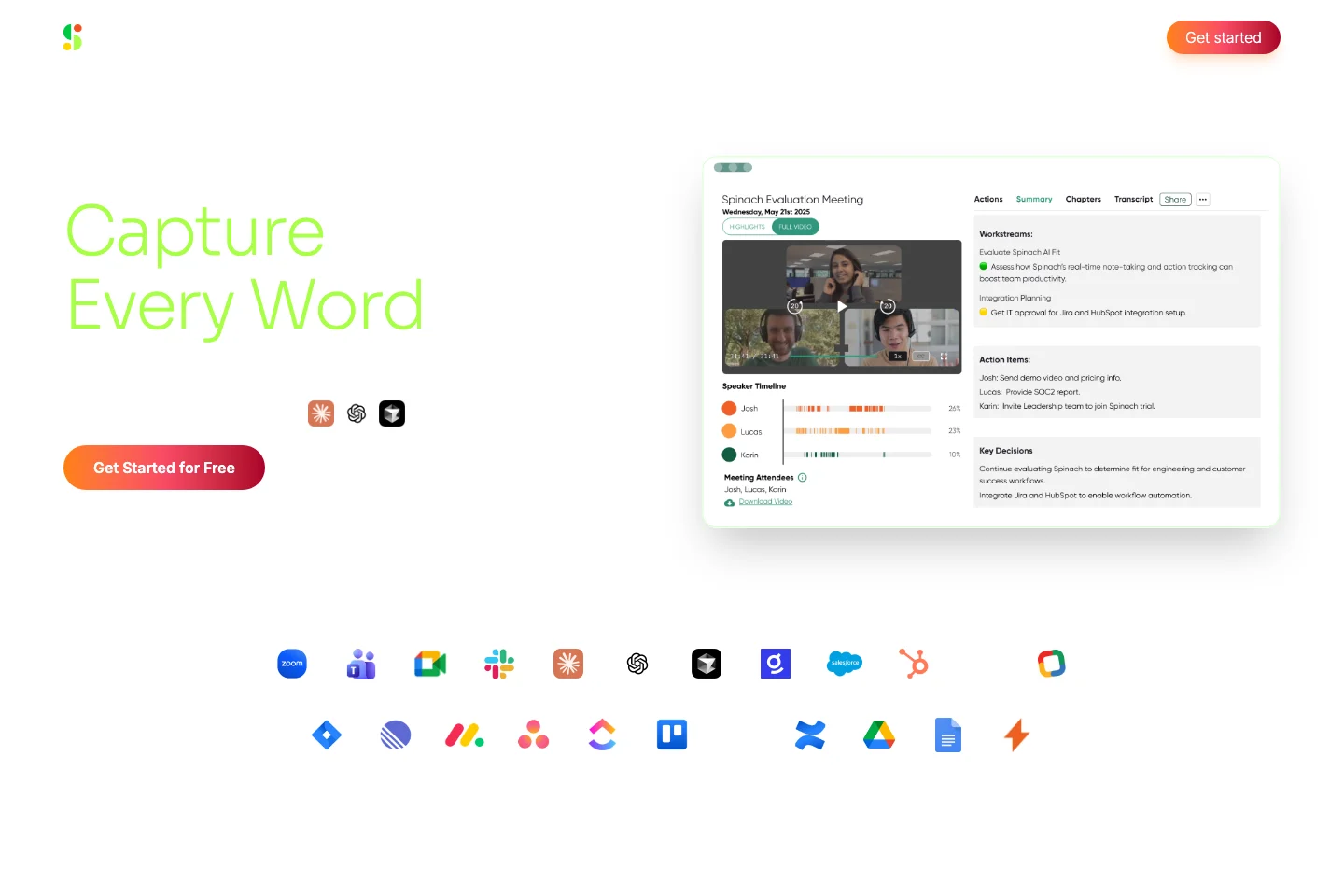 Spinach AI landing page showing a meeting record with action items, key decisions, chapters, transcript, and integrations for product work.