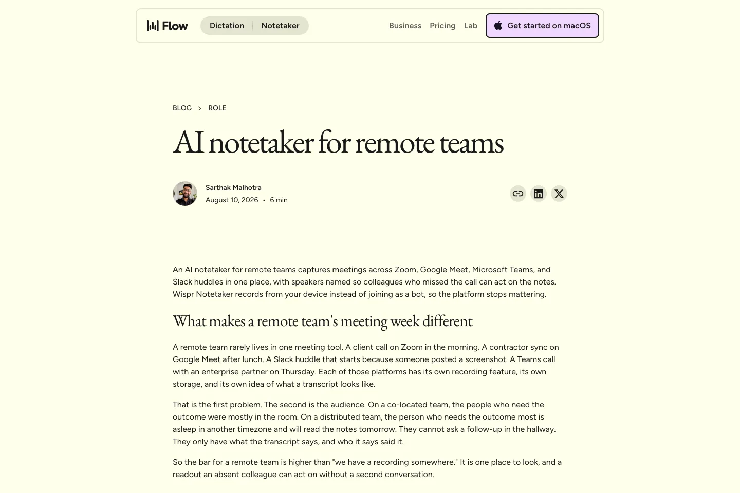 Wispr Flow Notetaker page explaining bot-free capture across Zoom, Google Meet, Microsoft Teams, and Slack huddles for remote teams.