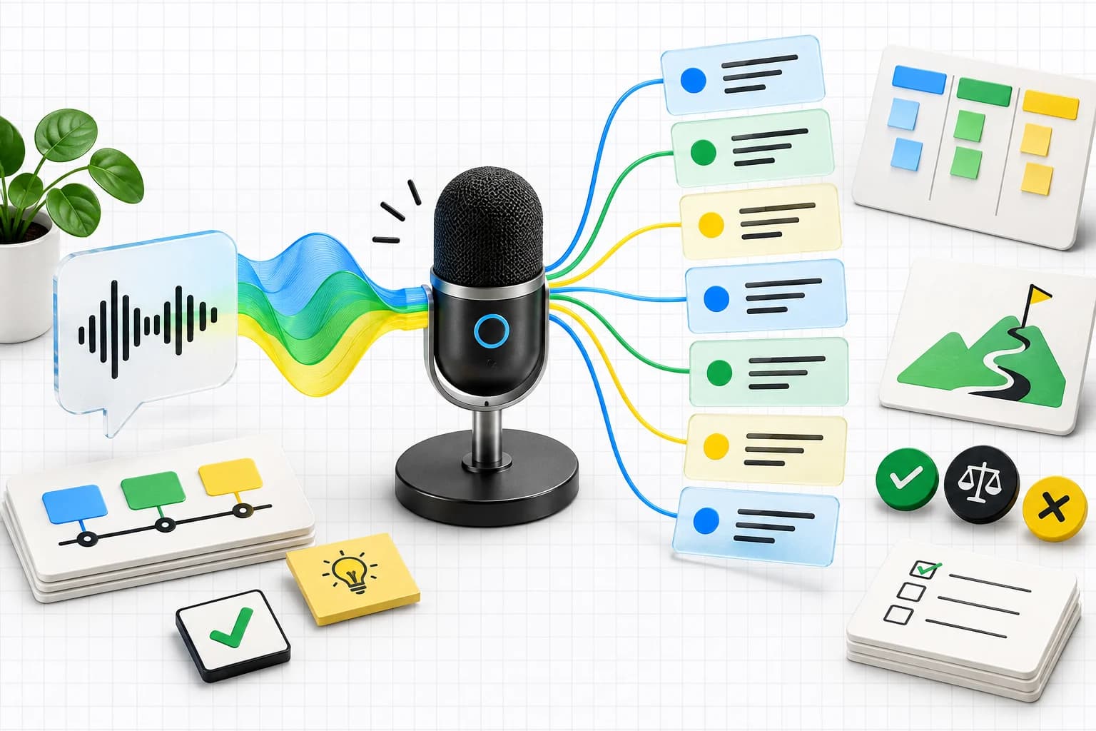 A 3D microphone turns blue, green, and yellow sound waves into seven organized note cards beside product roadmap and decision tiles.
