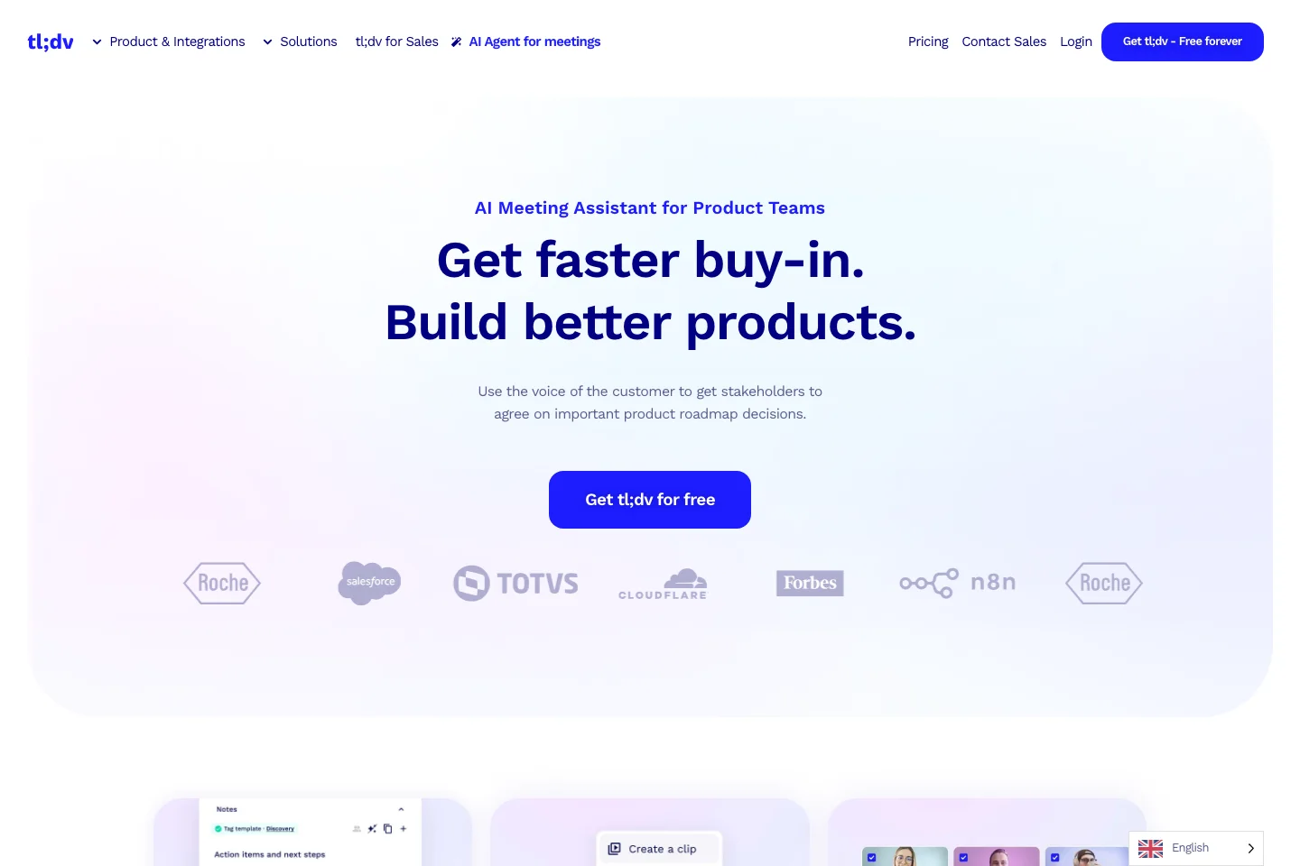 tl;dv product teams landing page showing its customer-evidence positioning