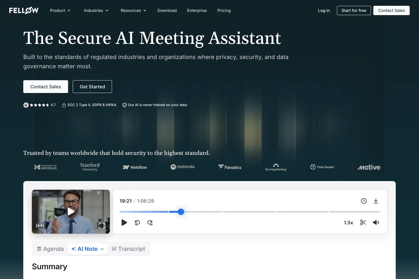 Fellow landing page showing agenda, AI note, and transcript tabs