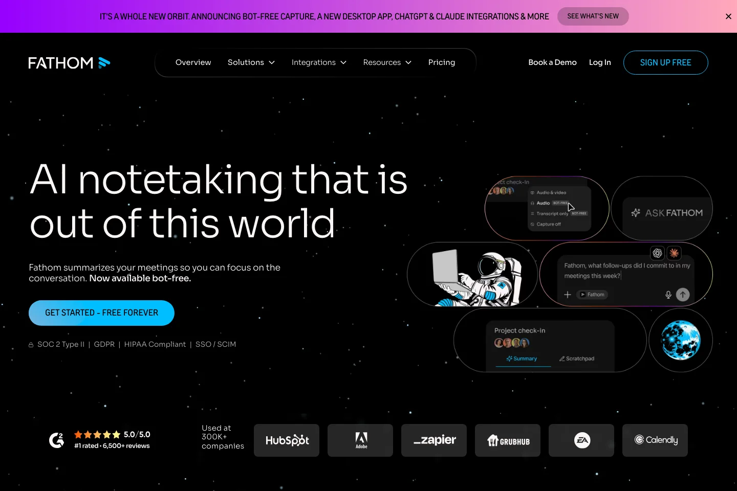 Fathom landing page showing capture choices and meeting summaries