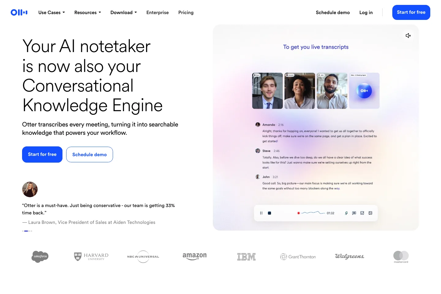 Otter.ai landing page showing a live conversational transcript
