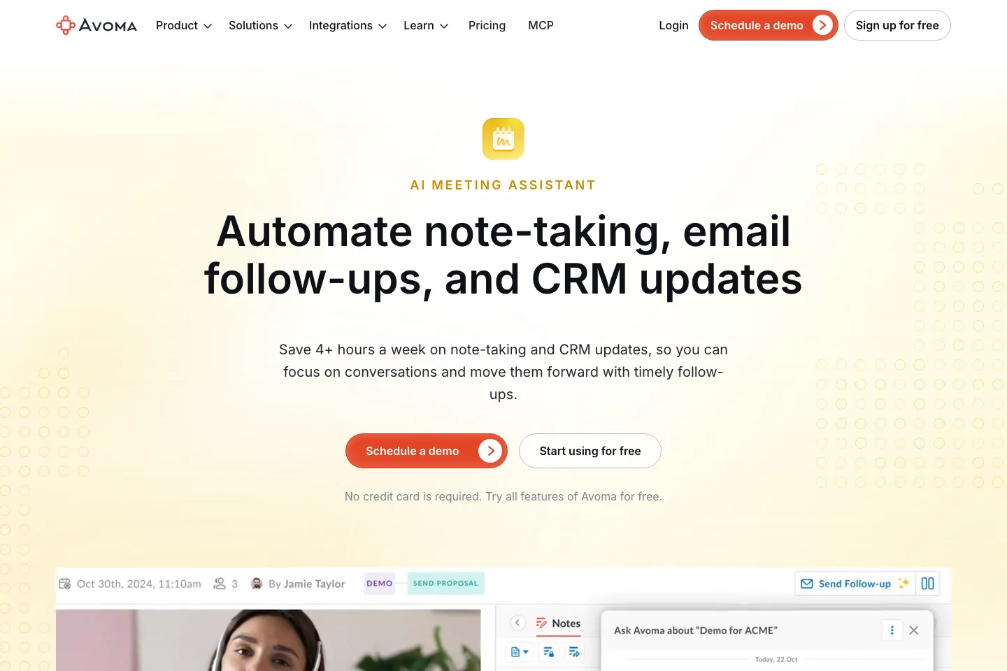 Avoma AI Meeting Assistant landing page showing follow-up and CRM workflow