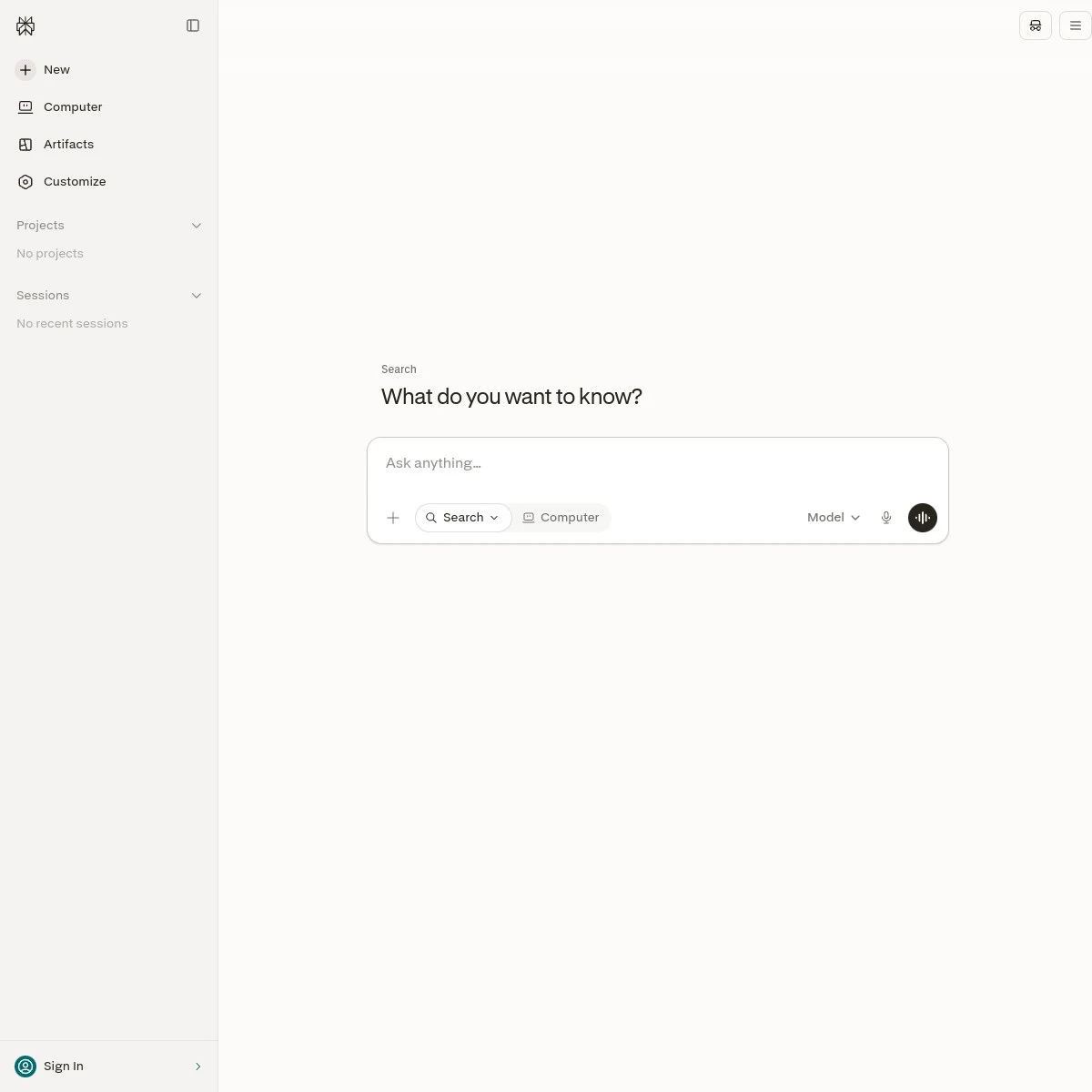 Perplexity landing page showing its public search interface