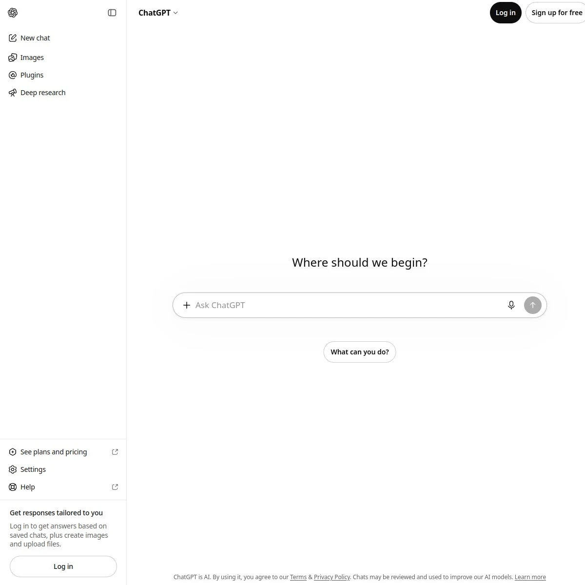 ChatGPT landing page with Deep research in the navigation