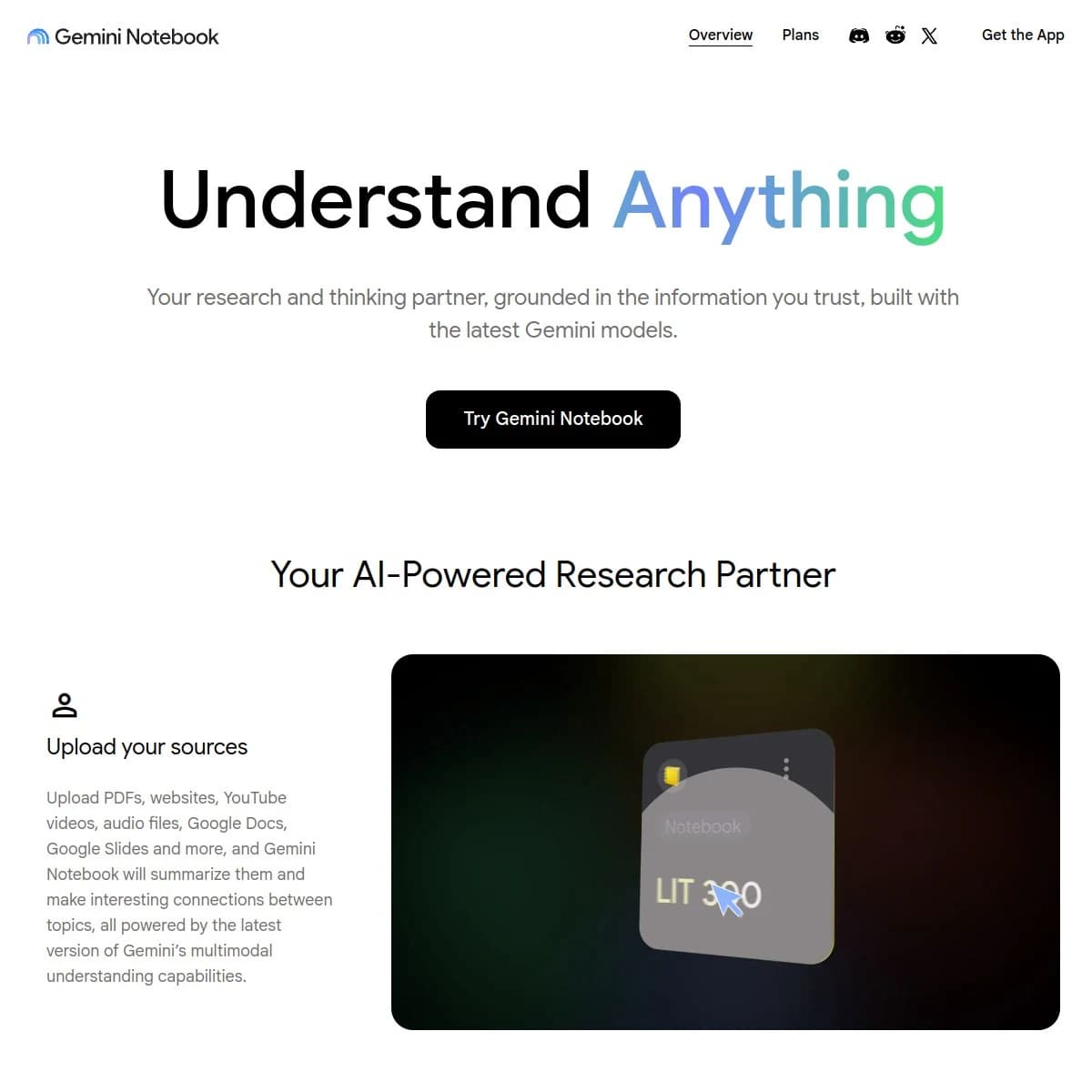 Gemini Notebook landing page showing its source-based research workflow