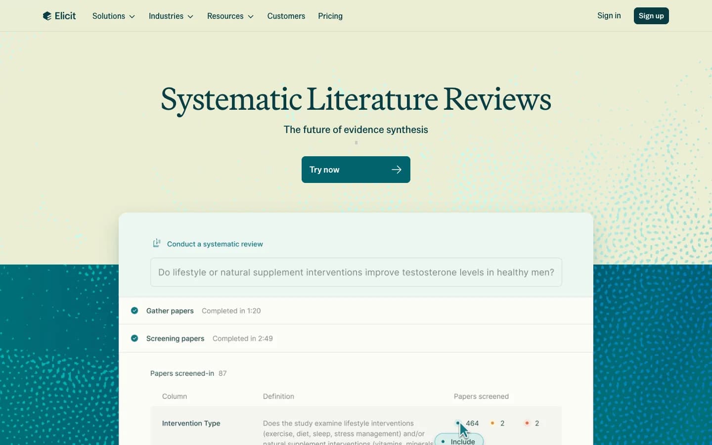 Elicit systematic literature review workflow page with an interface preview