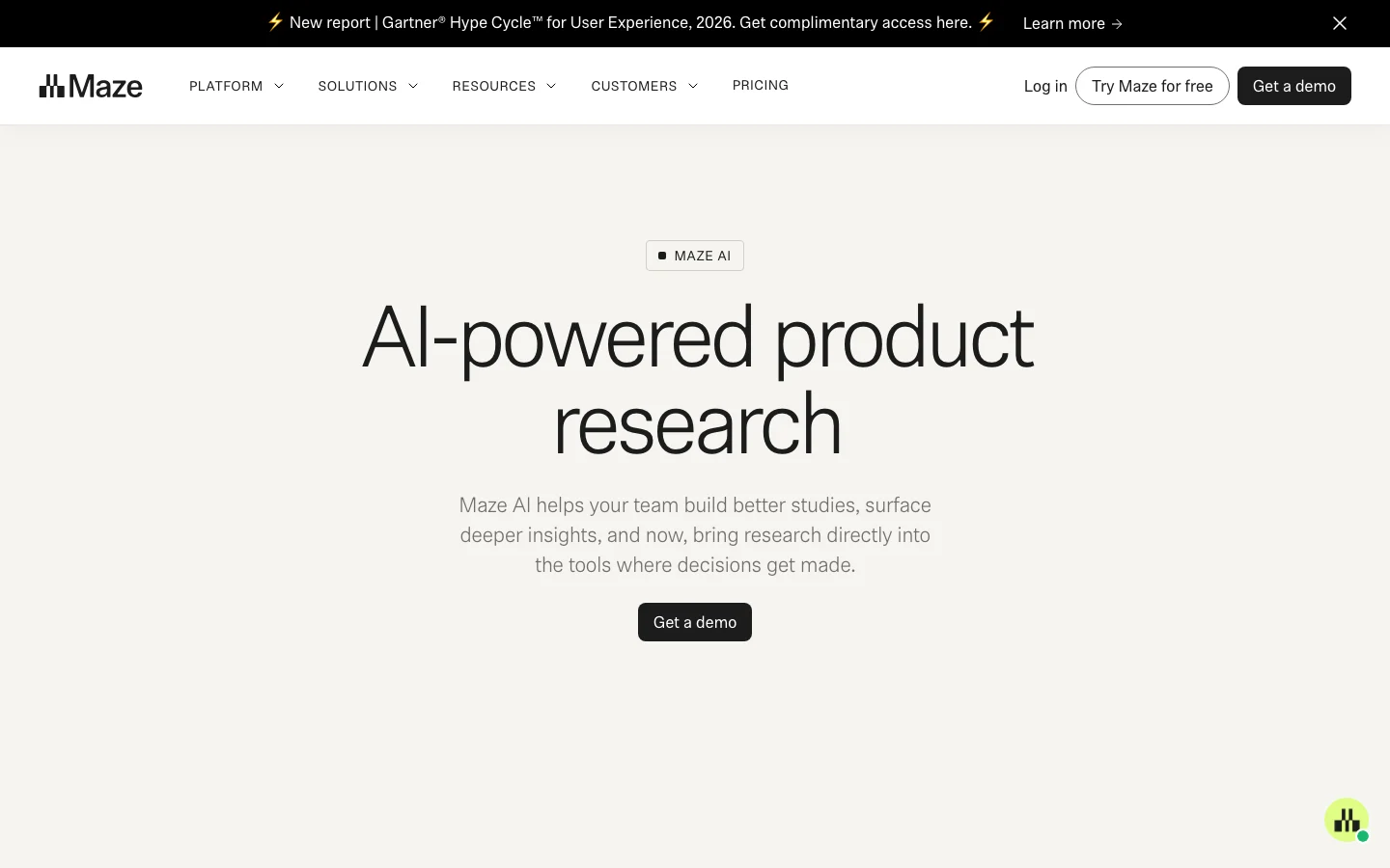 Maze page introducing AI-powered product research