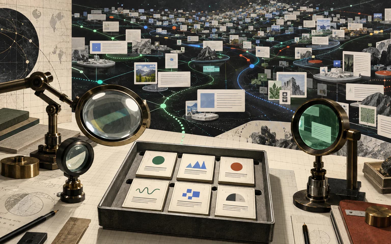 Six prompt cards under measuring lenses in front of a much larger field of AI answers and citation paths