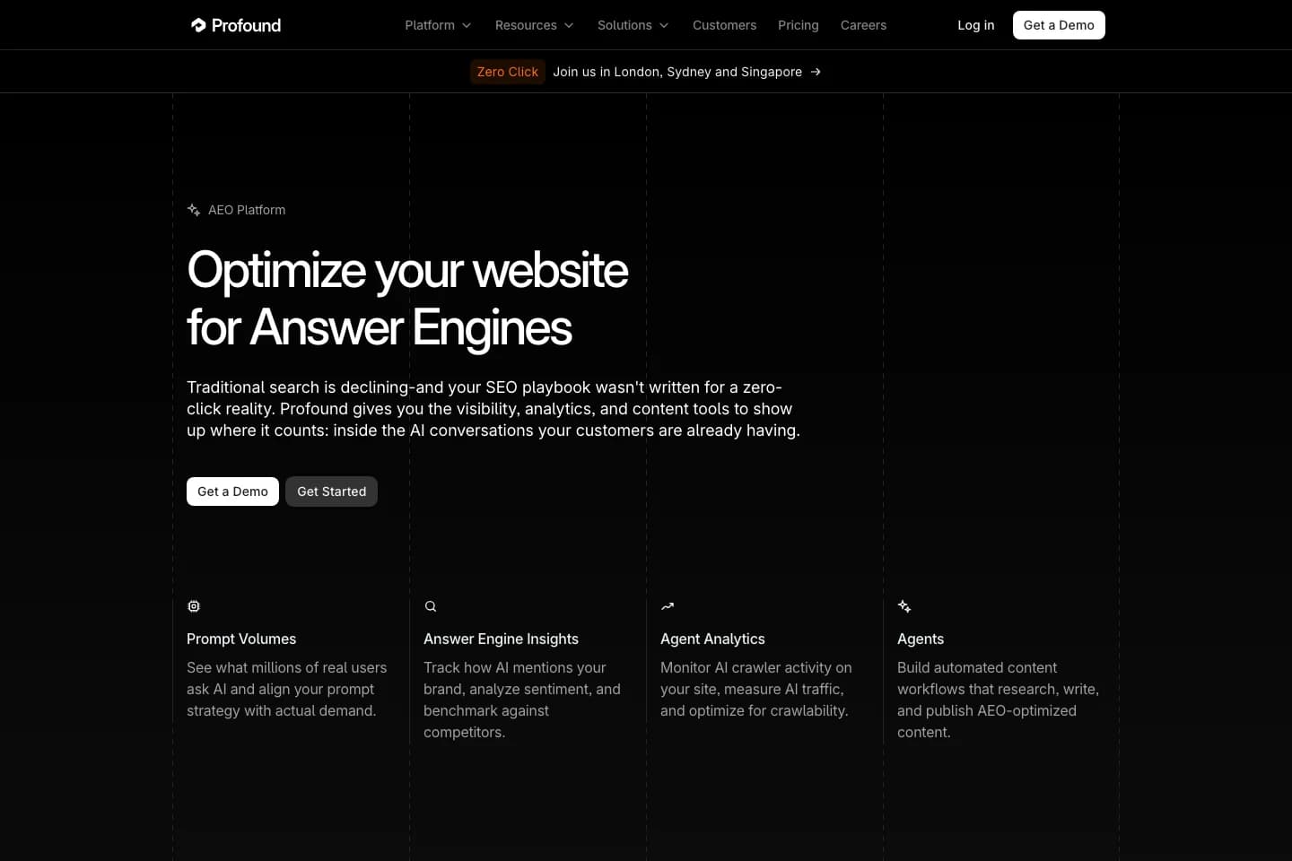 Profound AEO platform landing page describing prompt volumes and answer engine insights