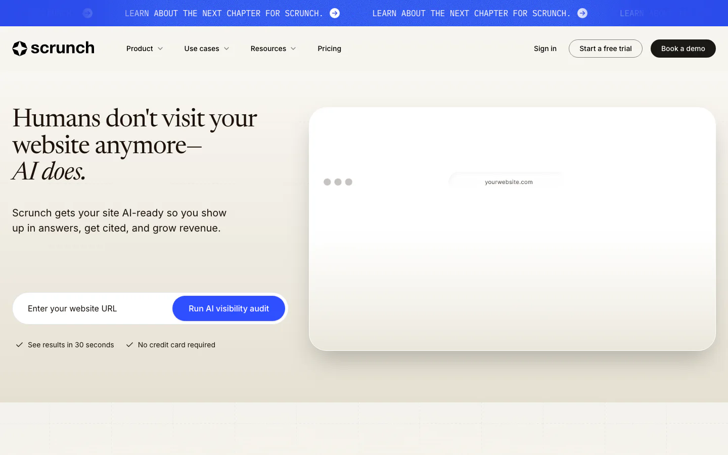 Scrunch homepage showing its AI customer experience platform and a public website audit form