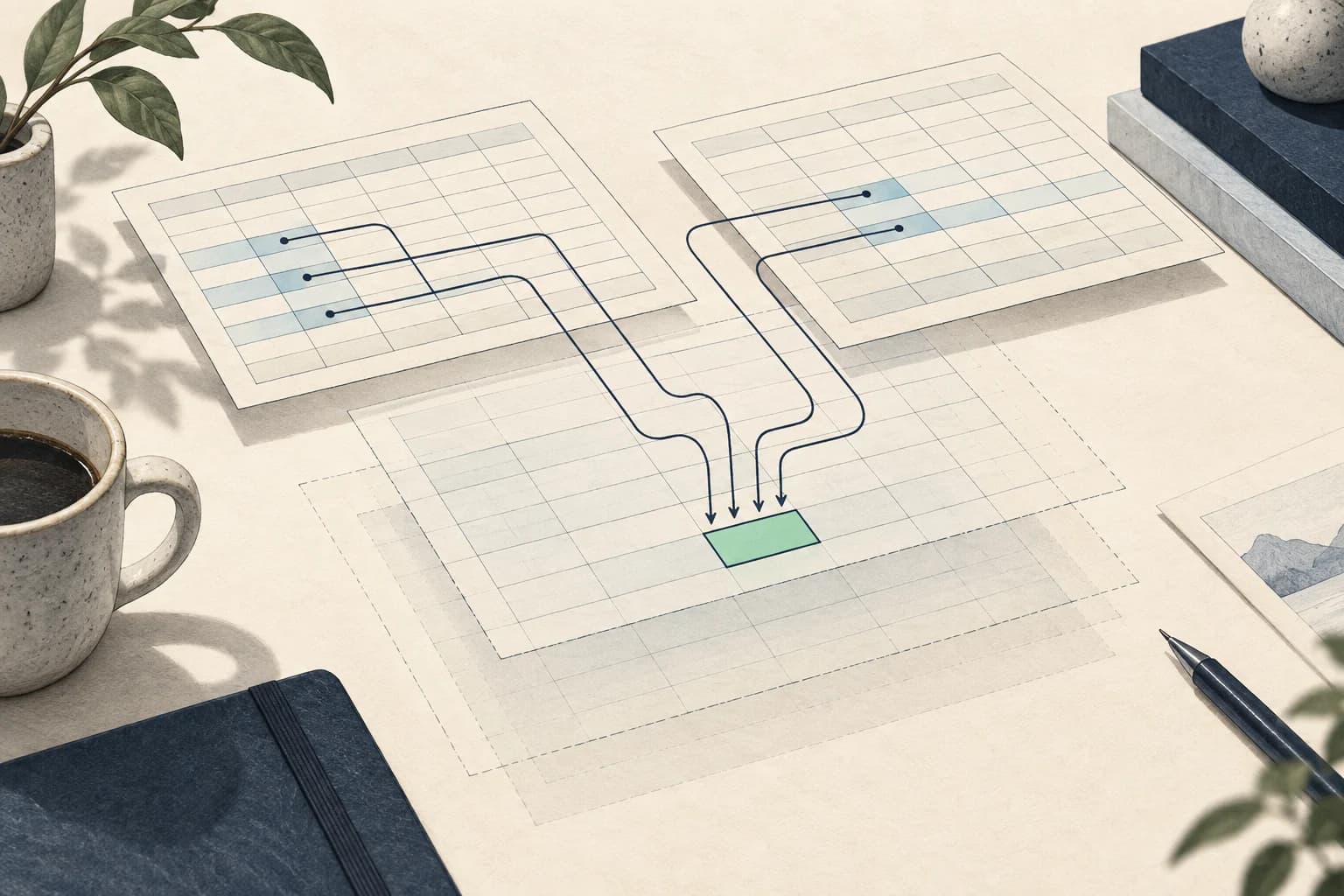 Conceptual illustration tracing a highlighted spreadsheet result back to its source rows.