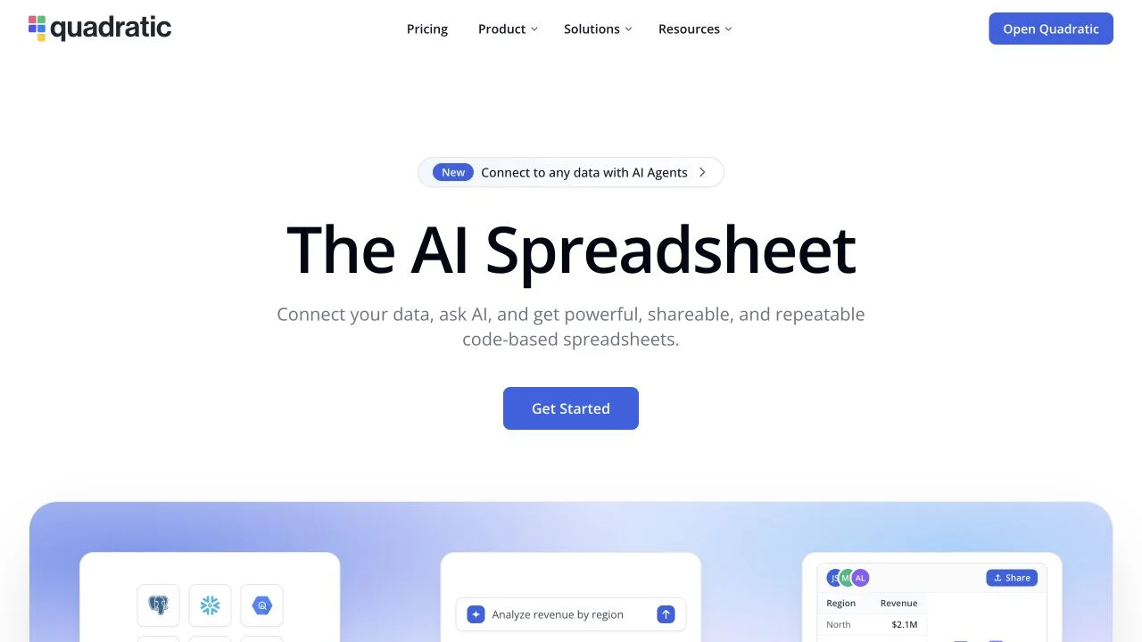 Quadratic landing page describing connected data and repeatable code-based spreadsheets.