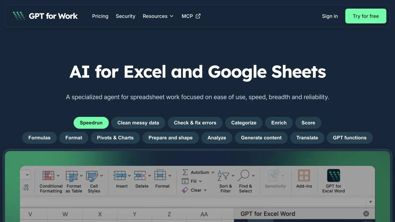 GPT for Work landing page showing Excel and Google Sheets tasks including categorization and formulas.
