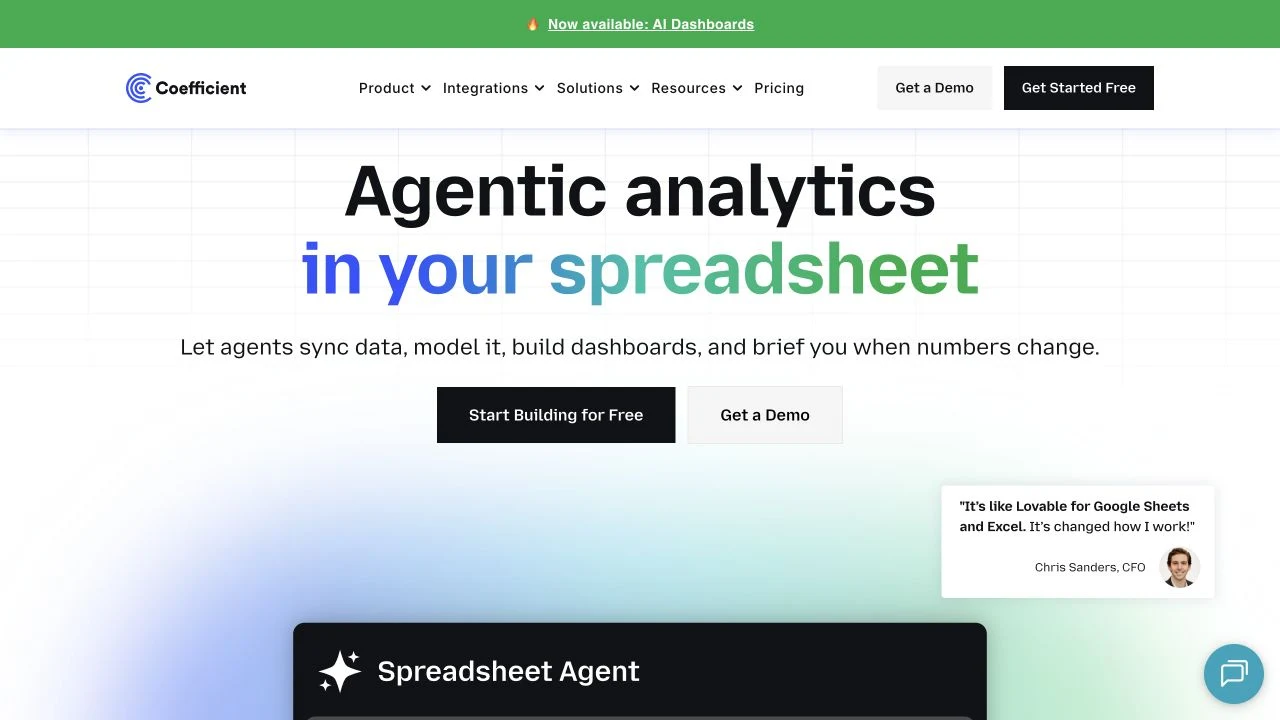 Coefficient landing page presenting spreadsheet agents for data syncing and analysis.