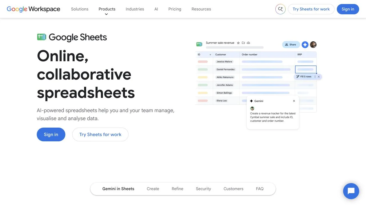 Google Sheets landing page showing a shared spreadsheet and Gemini assistance.
