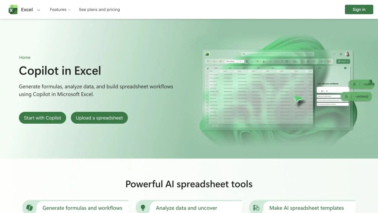 Microsoft landing page for Copilot in Excel with an Excel workbook illustration.