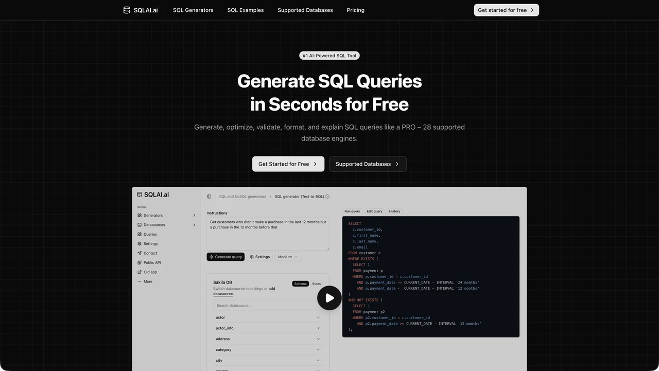 SQLAI.ai homepage showing a schema selector, natural-language request and SQL query demo