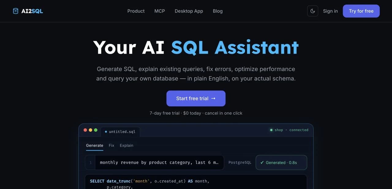 AI2SQL homepage showing generate, fix and explain tabs with a PostgreSQL example