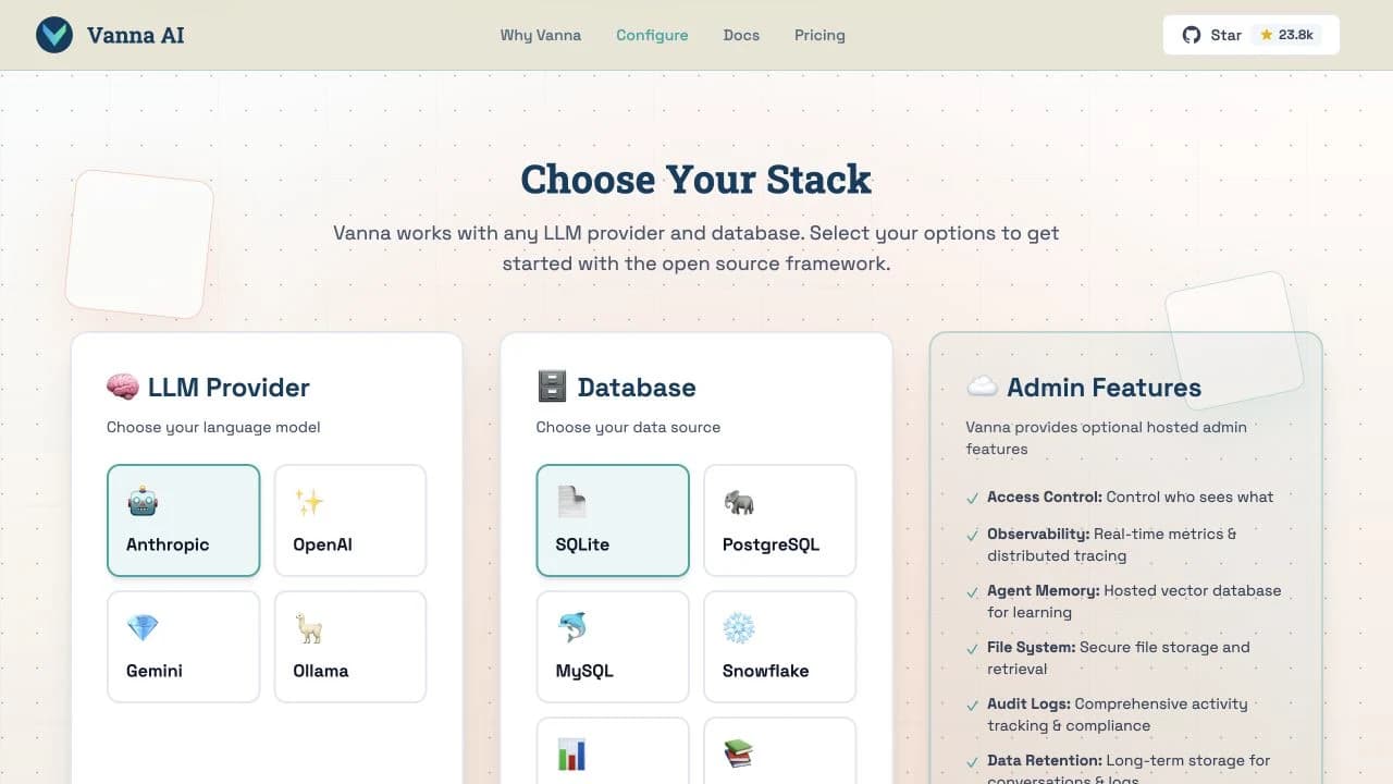 Vanna homepage stack selector showing model-provider, database and optional admin-feature choices
