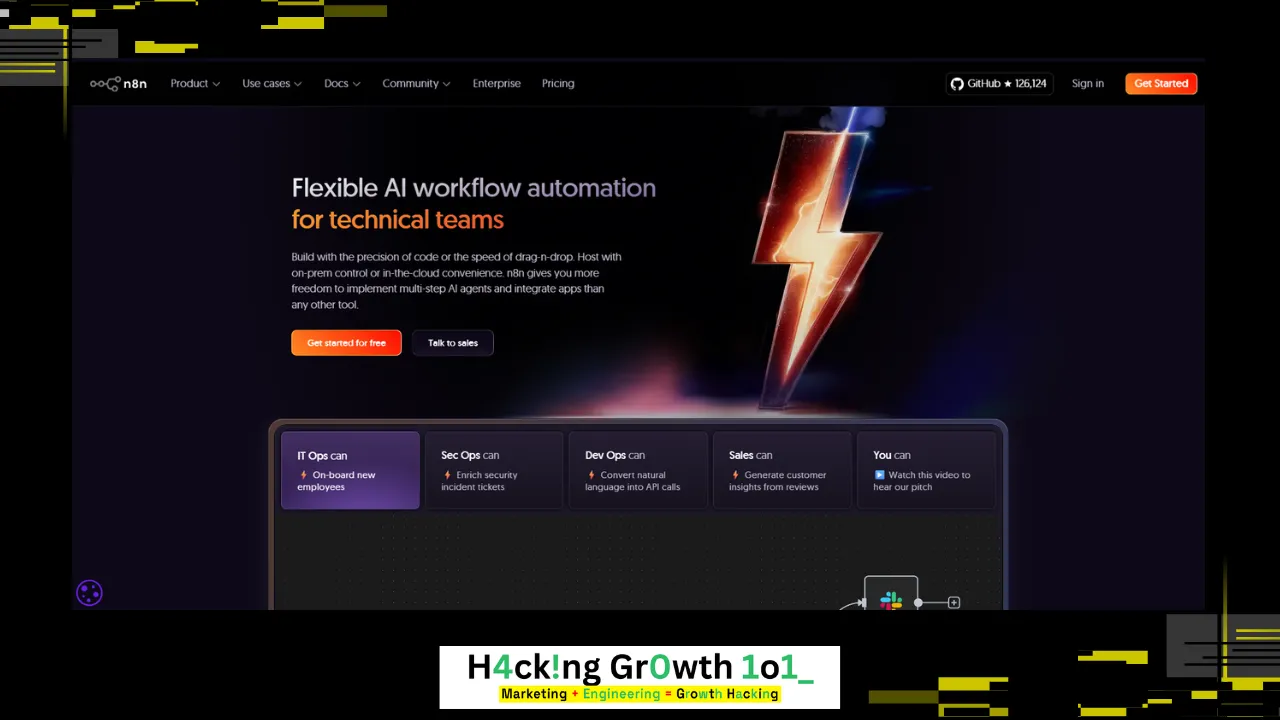 Screenshot of the n8n homepage, headed "Flexible AI workflow automation for technical teams" over the line "Build with the precision of code or the speed of drag-n-drop. Host with on-prem control or in-cloud convenience. n8n gives you more freedom to implement multi-step AI agents and integrate apps than any other tool", with "Get started for free" and "Talk to sales" buttons and a GitHub star count of 126,124. Tabs below read: IT Ops can on-board new employees, Sec Ops can enrich security incident tickets, Dev Ops can convert natural language into API calls, Sales can generate customer insights from reviews.