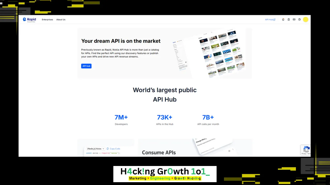 Screenshot of the Rapid API hub, now Nokia API Hub, headed "Your dream API is on the market" and described as more than just a catalog for APIs, with an API hub button. Below, "World's largest public API Hub" is backed by three stats: 7M+ developers, 73K+ APIs in the hub, and 7B+ API calls per month.