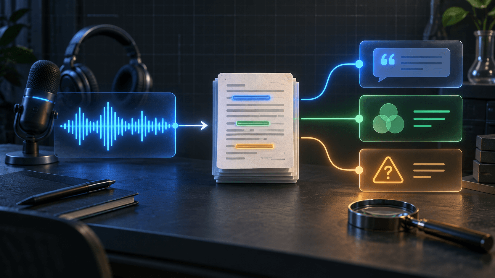 A recorded interview waveform becomes a timestamped transcript, then branches into a direct quote, a recurring theme, and an uncertainty to check.