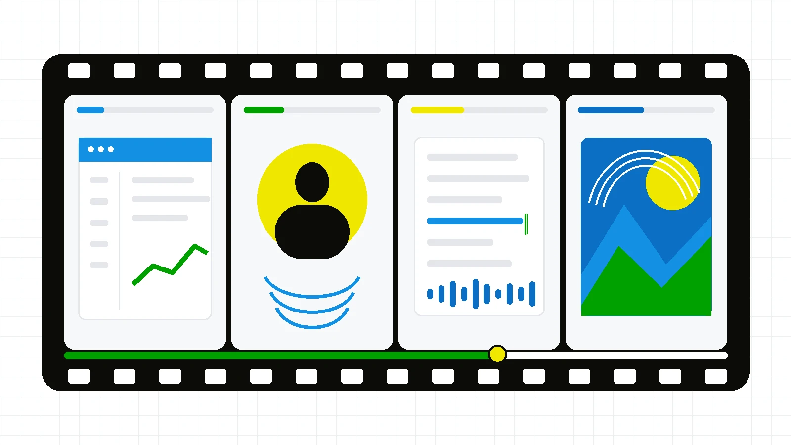 Four abstract source frames show a real interface, a presenter, an editable transcript, and a generated scene inside one filmstrip.