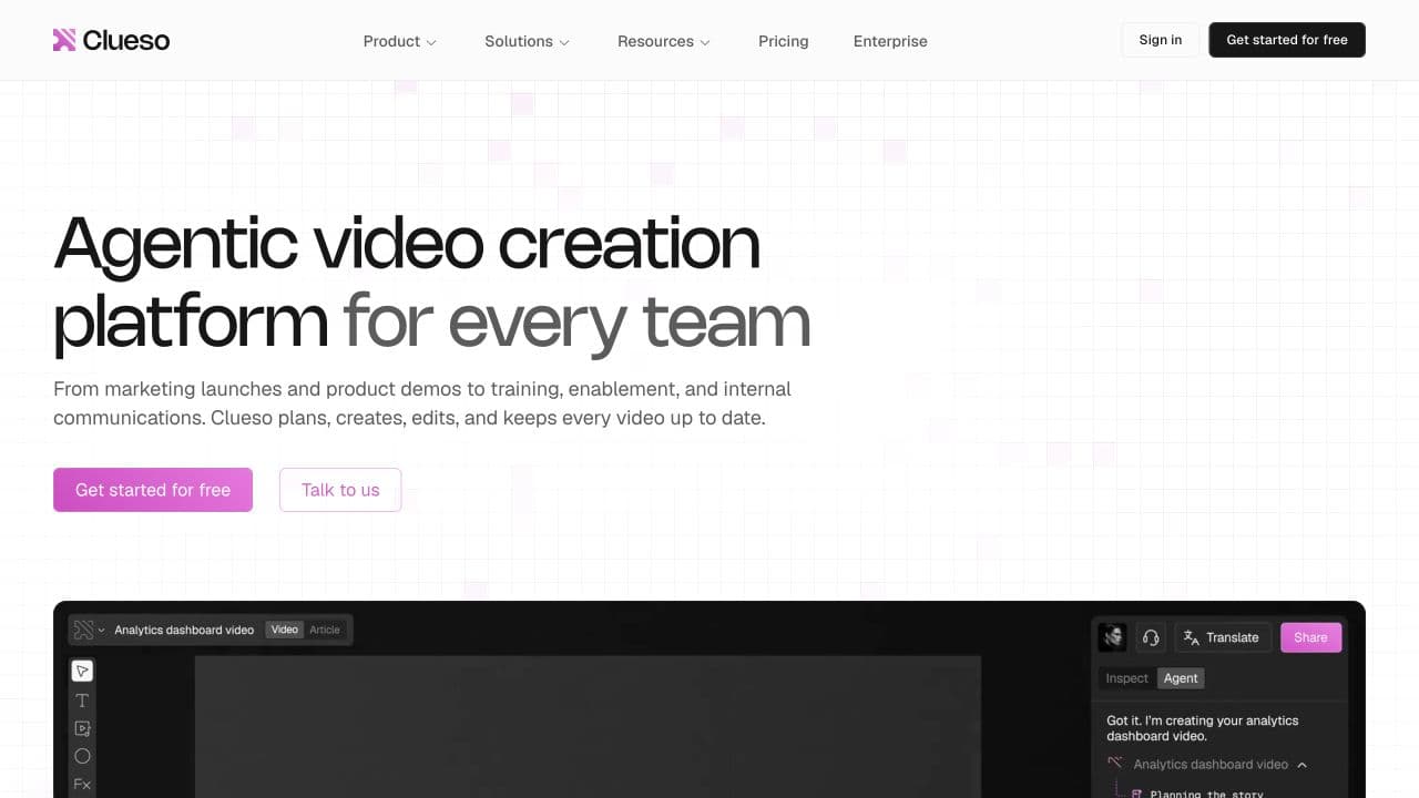 Clueso public homepage showing its video editor and product-launch positioning