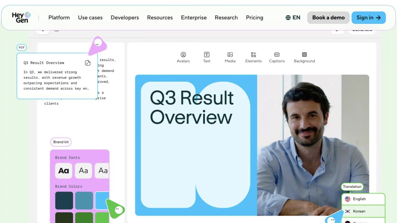 HeyGen public homepage AI Studio preview with a presenter and language options