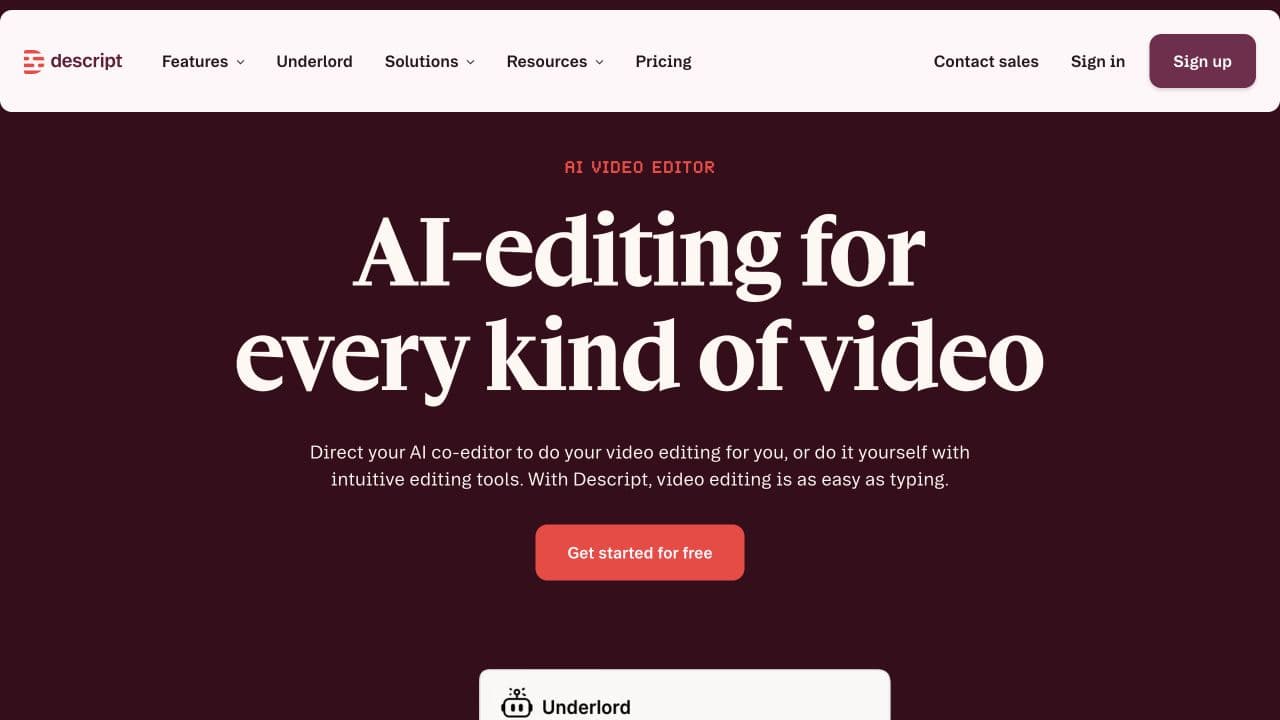Descript public homepage introducing its AI video editor