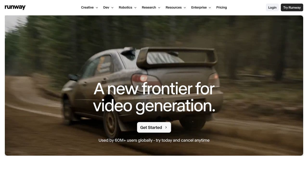 Runway Creative public landing page with a car video still and video-generation headline