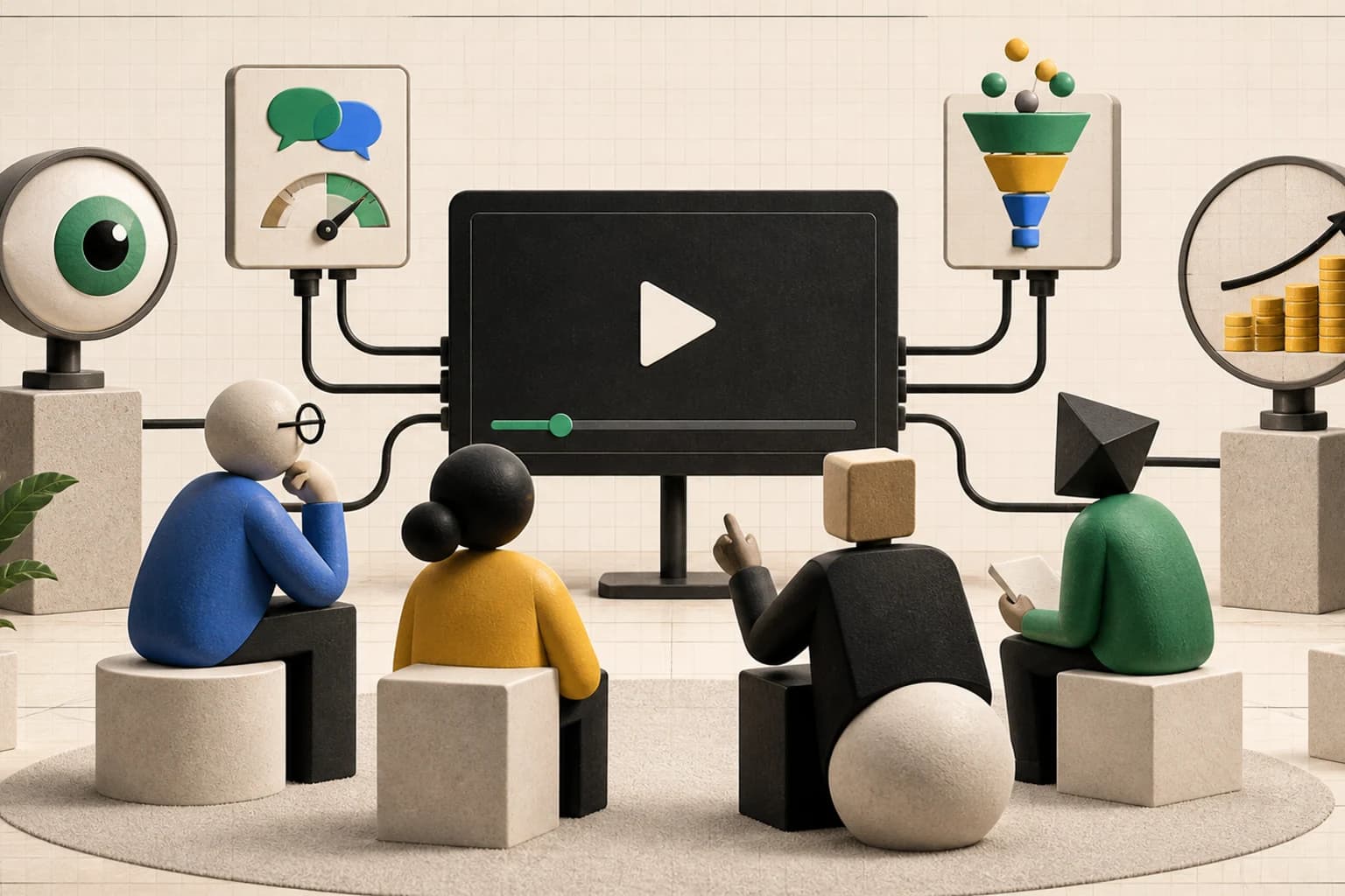 Four abstract business buyers watch one video screen surrounded by separate instruments for attention, conversation, funnel movement, and revenue.