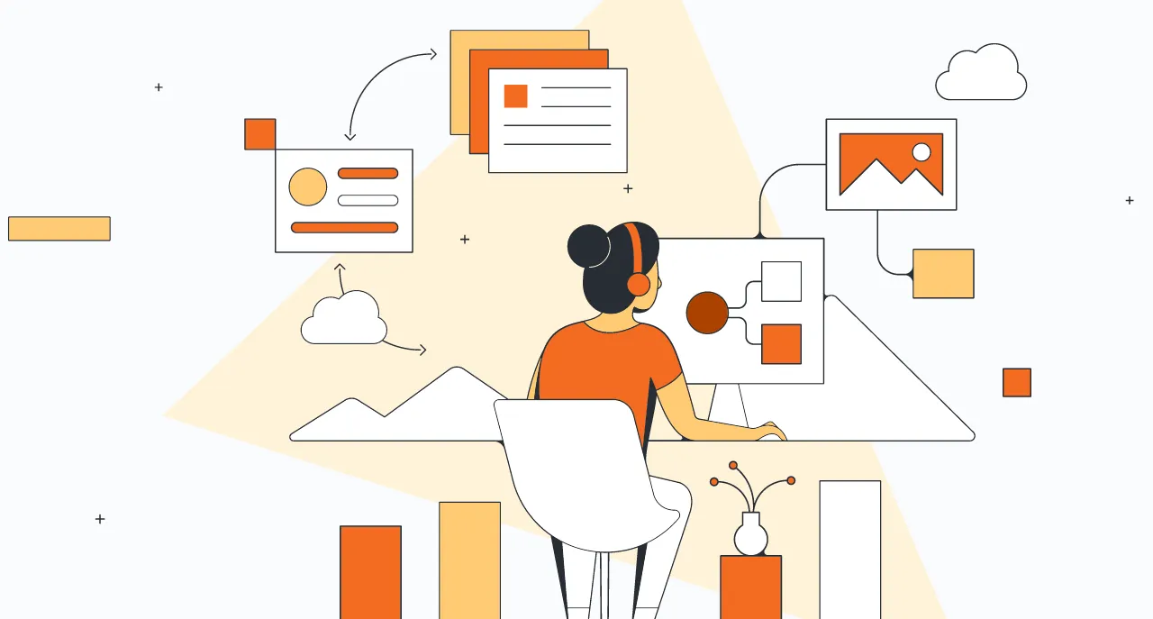 Flat illustration in orange and cream: a person in headphones sits at a desk facing a monitor showing a node diagram, surrounded by floating cards, an image placeholder, cloud icons and bar-chart shapes.