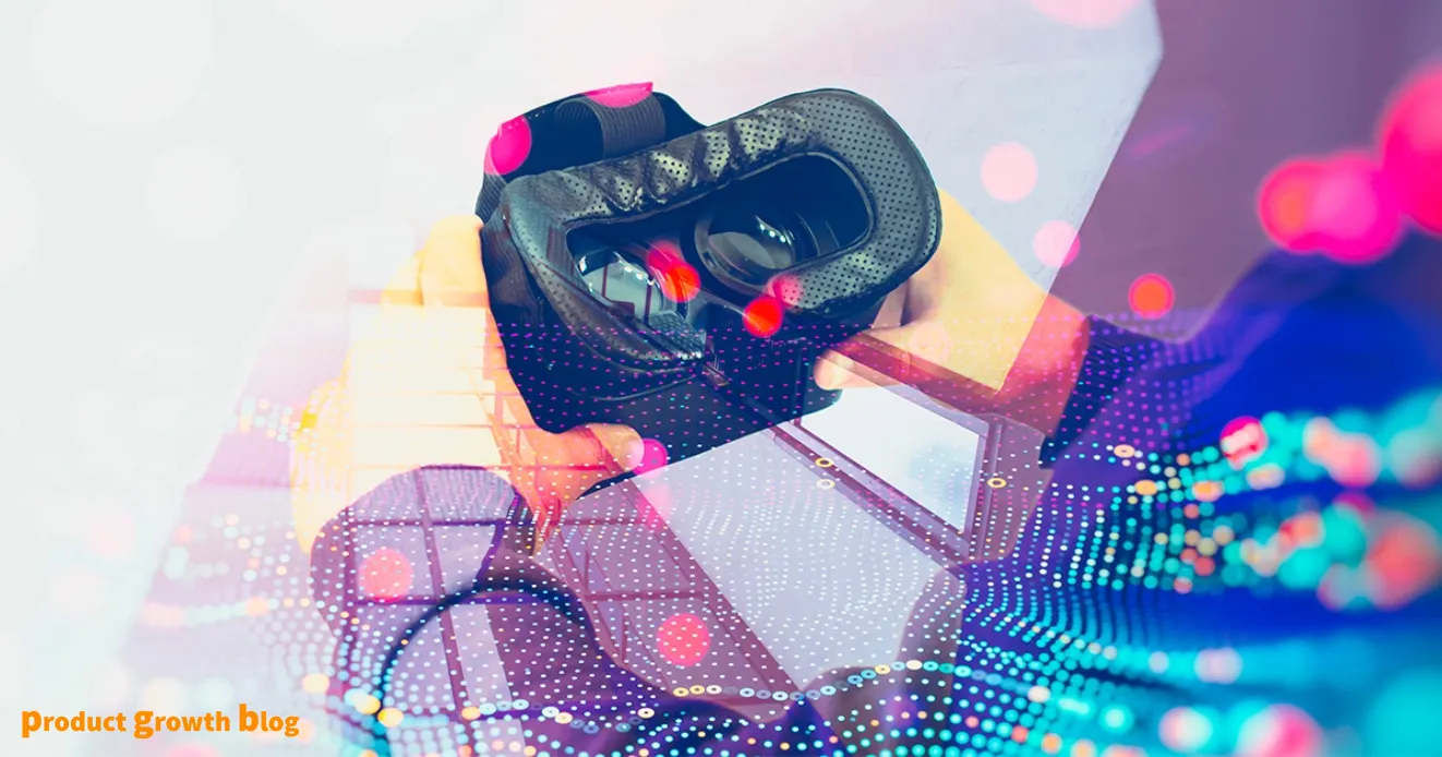 Abstract image of hands holding a VR headset above a laptop, overlaid with coloured light and scattered data-point patterns.