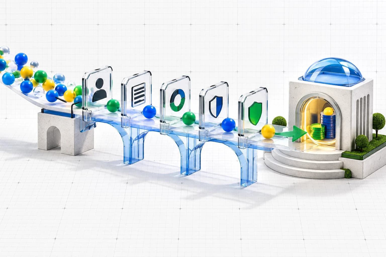Colored customer signals cross a transparent bridge through identity, document, verification, and shield checkpoints toward a secure financial vault.