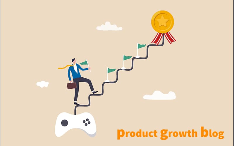 Flat illustration of a man in a suit carrying a briefcase and a flag, climbing a staircase drawn as a cable rising out of a game controller. Small flags mark each step and a gold star medal sits at the top. Captioned product growth blog.