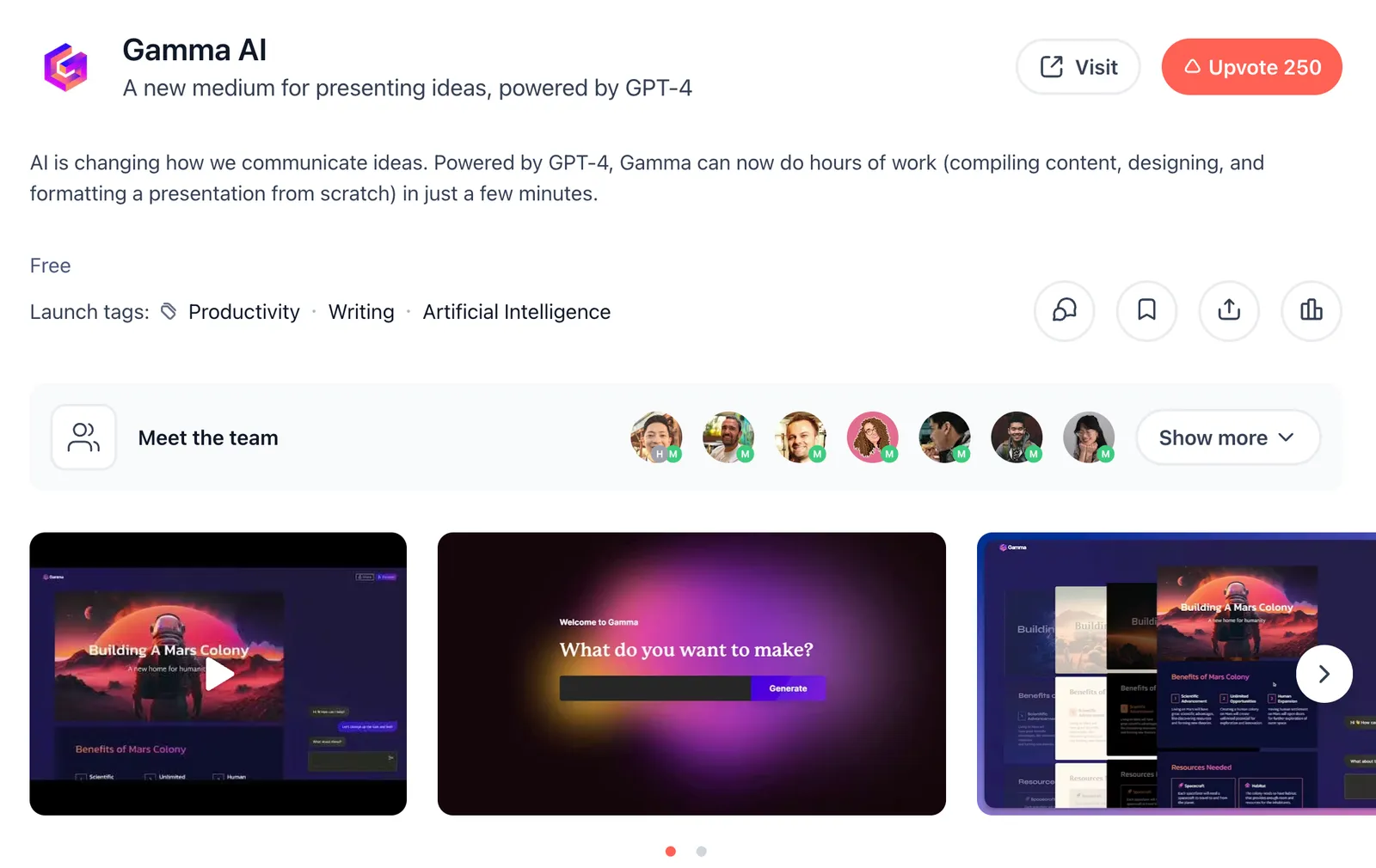 Screenshot of Gamma AI's Product Hunt launch page, tagged "A new medium for presenting ideas, powered by GPT-4" with 250 upvotes. The description reads "AI is changing how we communicate ideas. Powered by GPT-4, Gamma can now do hours of work (compiling content, designing, and formatting a presentation from scratch) in just a few minutes". It is listed as Free under the launch tags Productivity, Writing and Artificial Intelligence, with a row of team avatars and three product screenshots showing a generated deck titled "Building A Mars Colony".