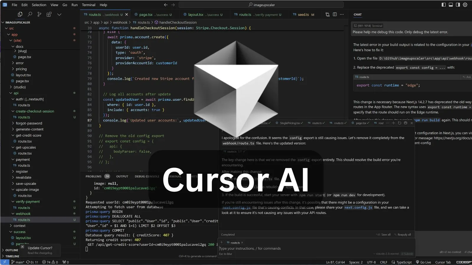 Promotional still captioned "Cursor AI", overlaid on a screenshot of the Cursor editor. The file tree shows a Next.js project, the open file is a Stripe webhook route handler, a terminal panel shows Prisma queries running, and the chat panel on the right walks through a build error, telling the user that Next.js 14.2.7 deprecated the old route config and to replace the deprecated config export with export const runtime equals edge.