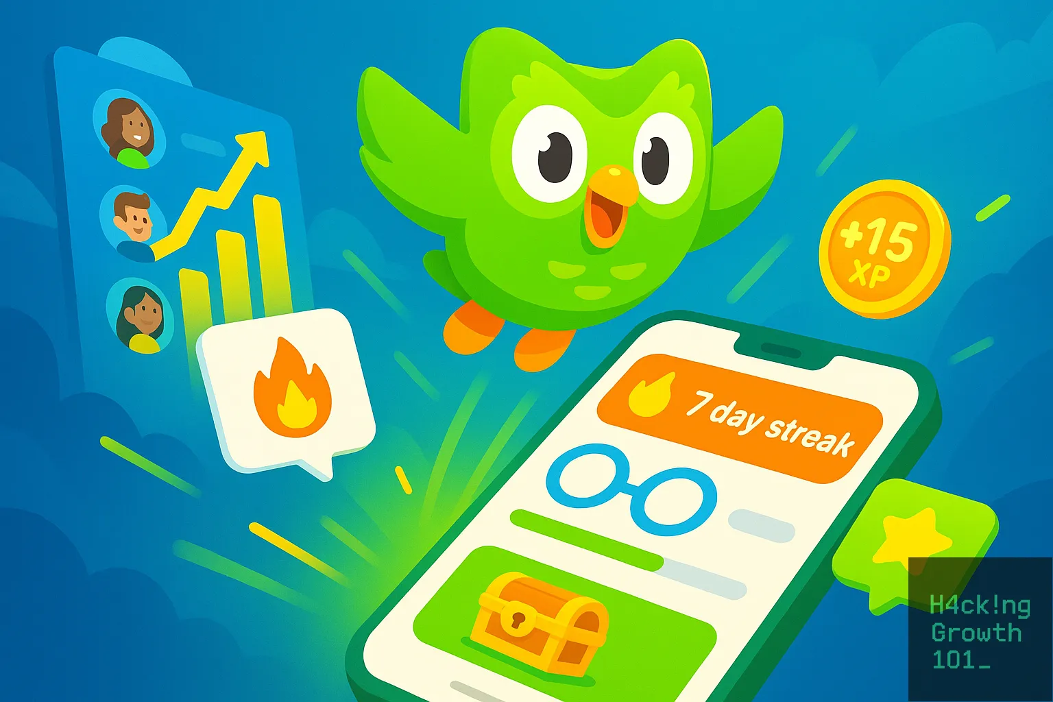 Illustration of Duolingo's green owl mascot flying beside a phone showing a 7 day streak banner, a lesson list and a locked treasure chest, surrounded by a plus 15 XP coin, a streak flame and a leaderboard of three learners.