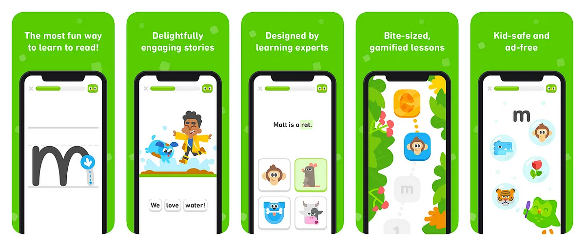 Five app store screenshots for Duolingo ABC, captioned 'The most fun way to learn to read!', 'Delightfully engaging stories', 'Designed by learning experts', 'Bite-sized, gamified lessons' and 'Kid-safe and ad-free', showing letter tracing, an illustrated story reading 'We love water!', a picture-matching question for the sentence 'Matt is a rat.', a jungle lesson path and a phonics screen.