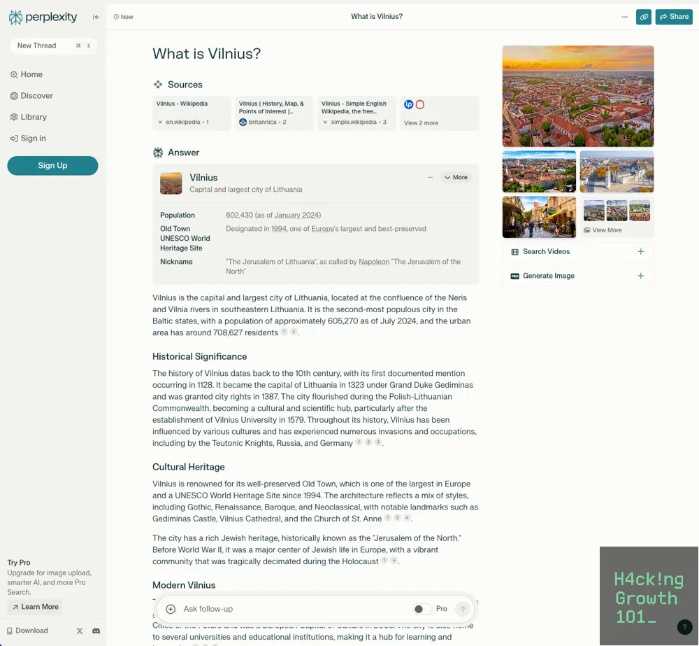 Screenshot of a Perplexity answer for the question 'What is Vilnius?'. A Sources row cites Wikipedia, Britannica and Simple English Wikipedia. A structured answer card gives the population as 602,430 as of January 2024, notes the Old Town was designated a UNESCO World Heritage Site in 1994, and records the nickname 'The Jerusalem of Lithuania'. Below it, sections on historical significance, cultural heritage and modern Vilnius each carry numbered citations back to the sources.