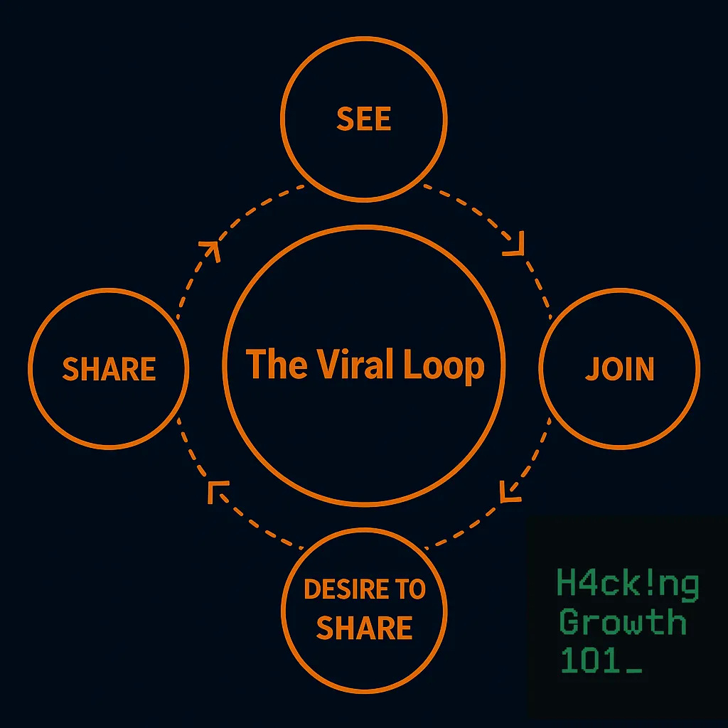 Circular diagram labelled "The Viral Loop", with four stages running clockwise: see, join, desire to share, and share, each arrow feeding the next.