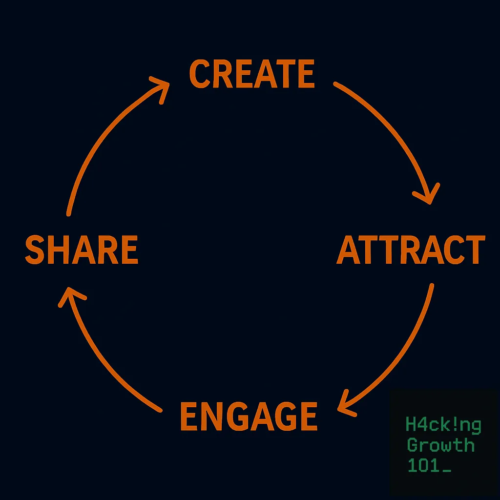 Circular diagram of a content loop with four stages running clockwise: create, attract, engage and share, each arrow feeding the next.