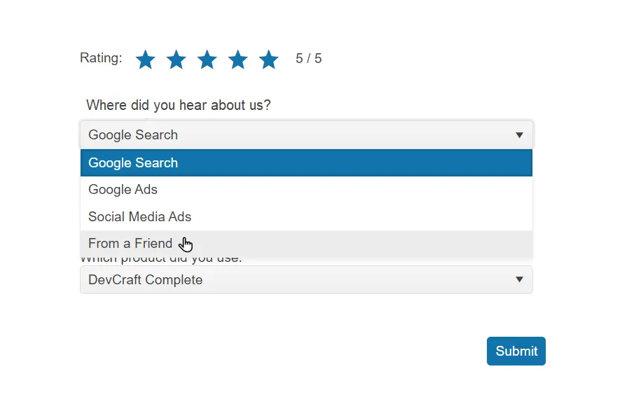 Screenshot of a review form. A five out of five star rating sits above the question "Where did you hear about us?", with an open dropdown offering Google Search, Google Ads, Social Media Ads and From a Friend, the cursor hovering on From a Friend. A second dropdown asks which product you used, set to DevCraft Complete, above a Submit button.