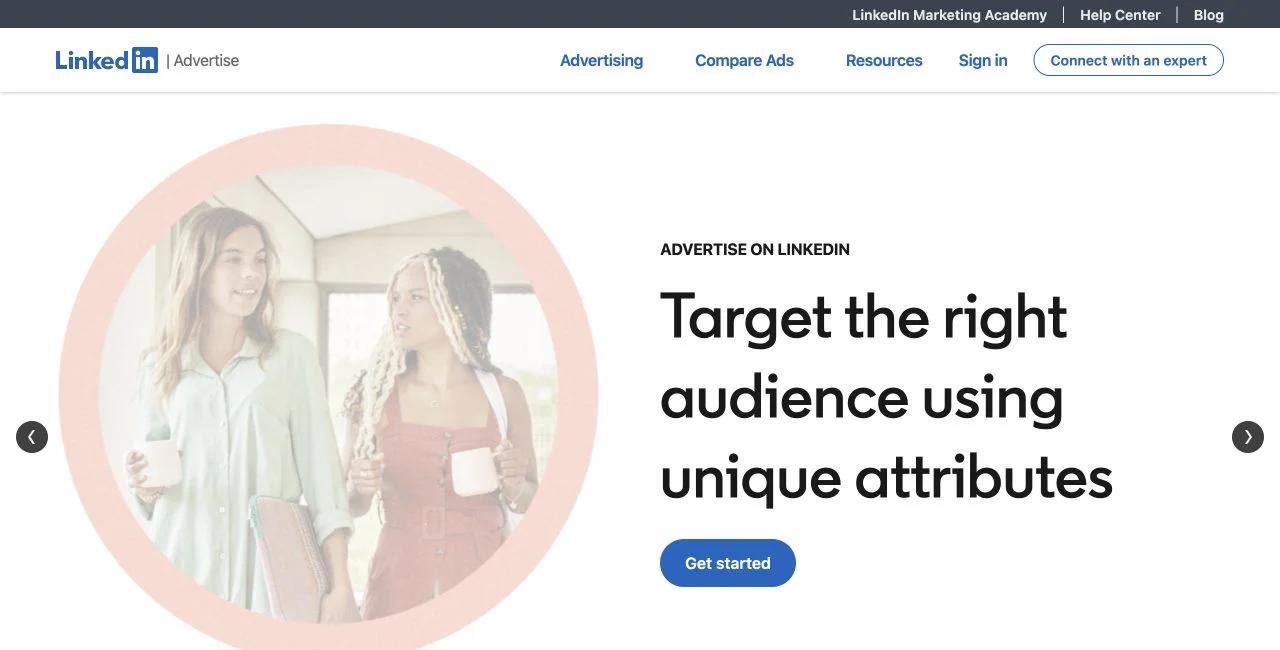 LinkedIn Ads public page with LinkedIn wordmark, two professionals, a targeting message, and Get started button.