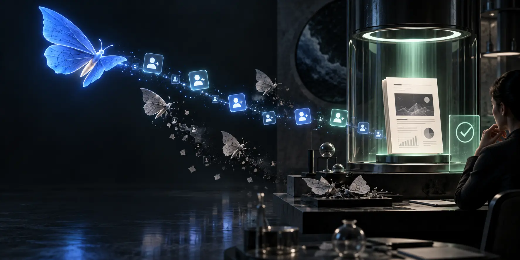 A luminous blue moth and invitation symbols travel through a dark lab toward a reviewed work artifact, while weaker signals fall away before the approval point.